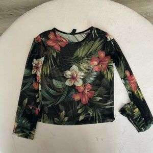 Black Mesh See Through Tropical Flower Top